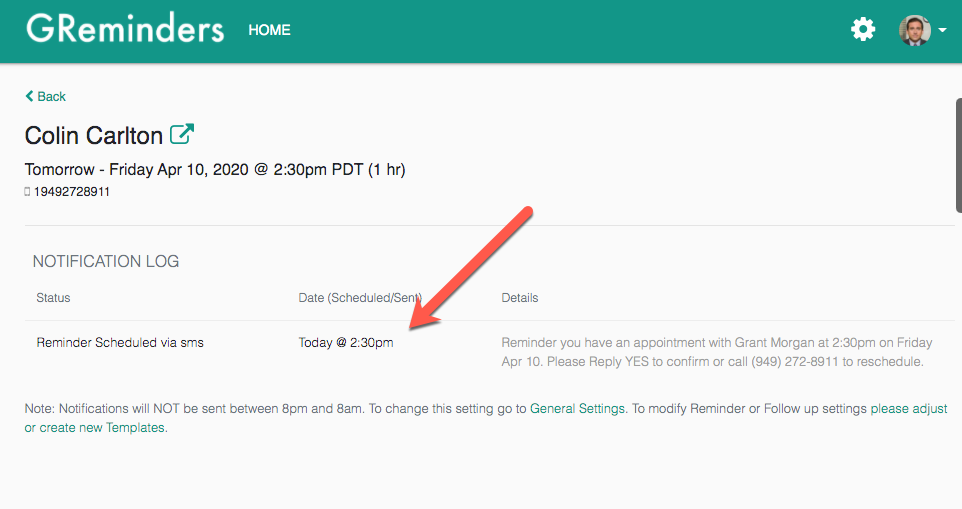 Appointment Reminder for a Single Event