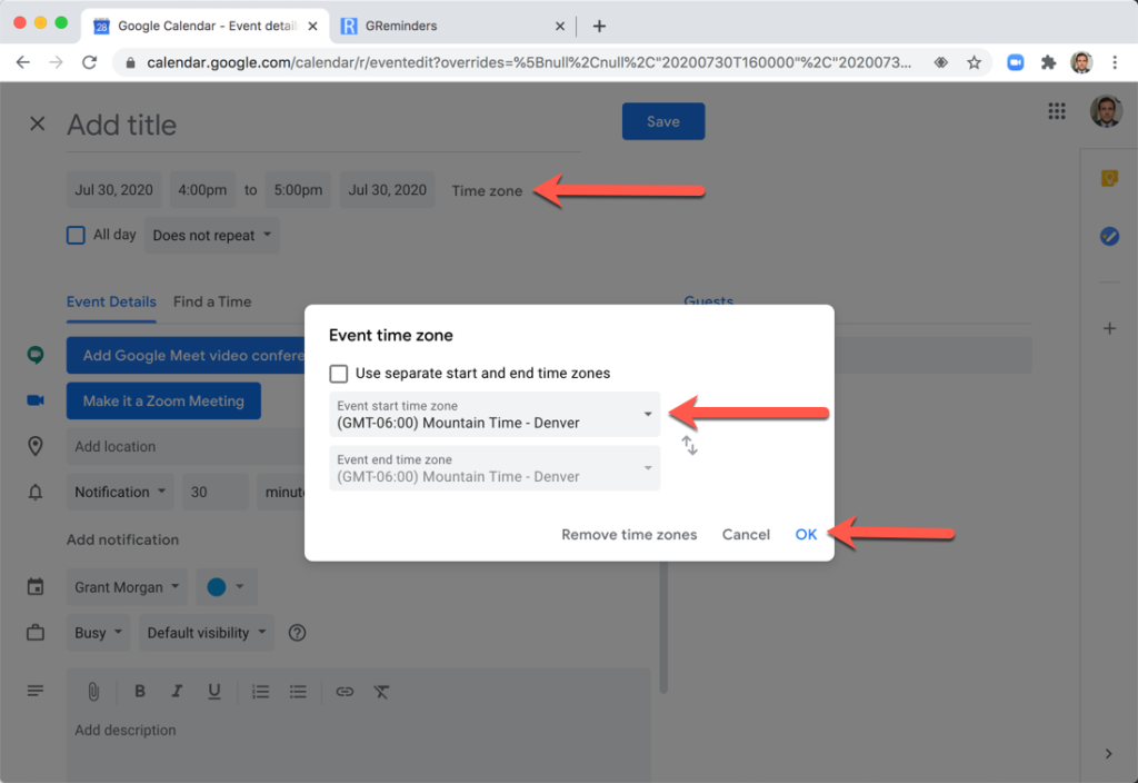 Booking Google Calendar Event using Client TImezone