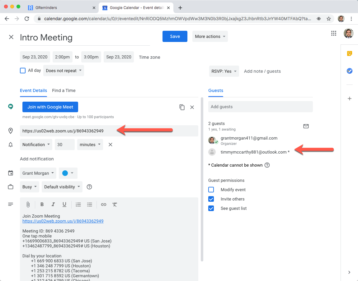Zoom Meeting Reminders, SMS or Email SMS / Text Reminders for Google