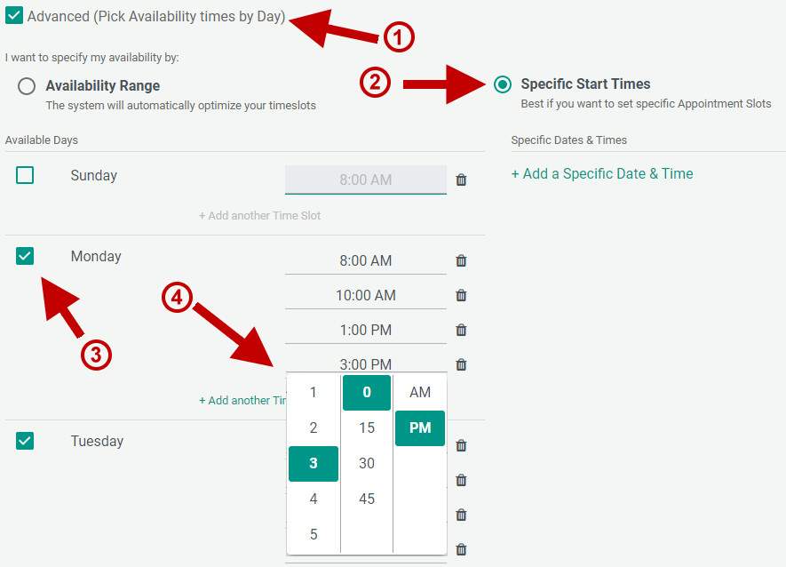 Setting up Specific Times