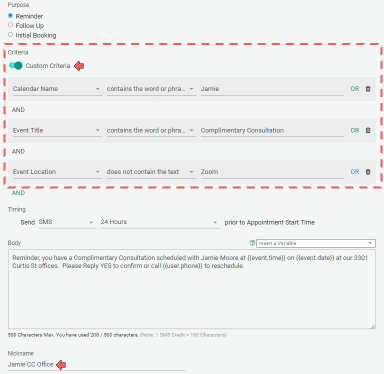 Reminder Custom Criteria