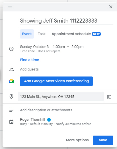 Google Calendar Entry