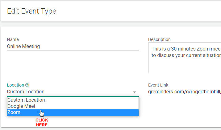 Zoom link in Event Type