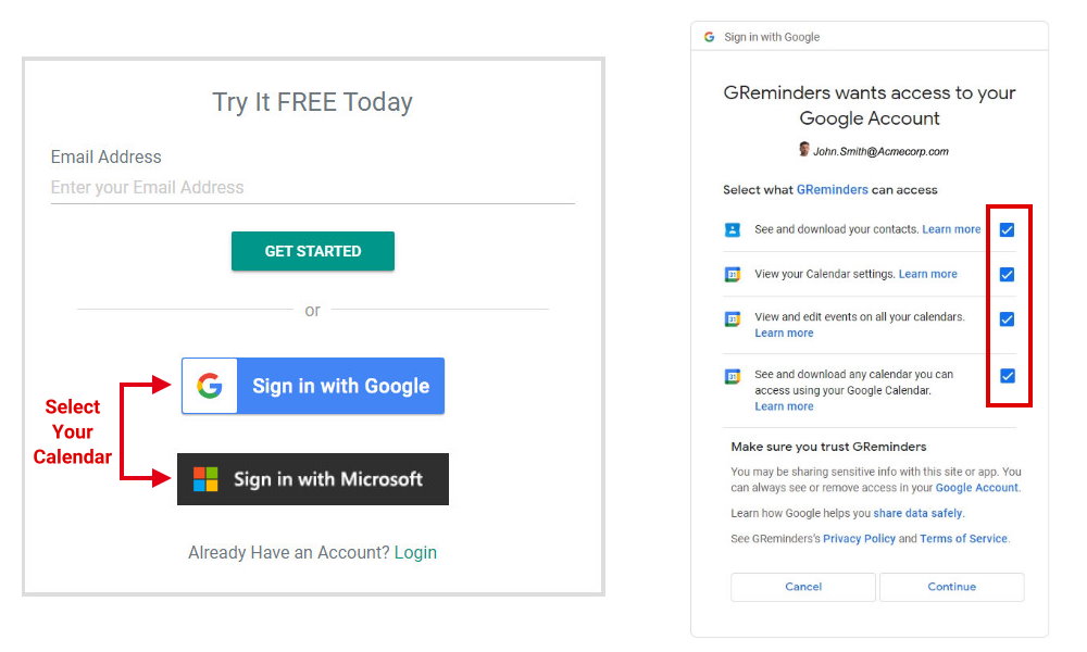 Login with Google or Microsoft Account and Grant Permission