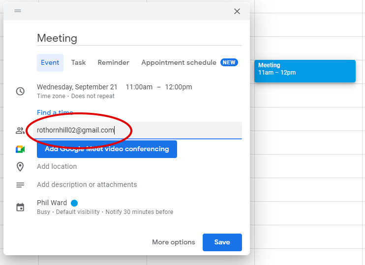 Invite Redtail Contact as Guest in Google Calendar