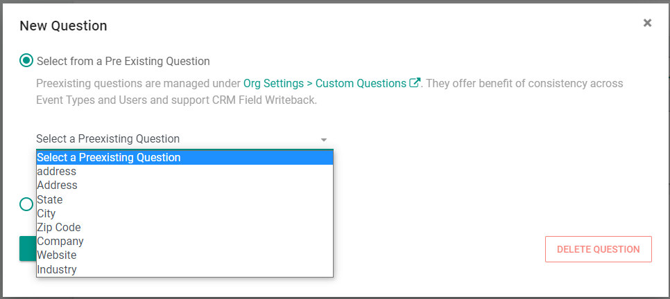 Selecting Custom Questions in Event types