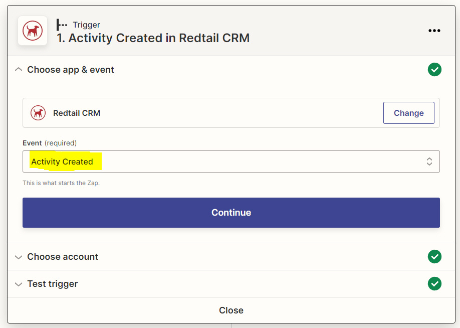 Select Redtail and Trigger Activity