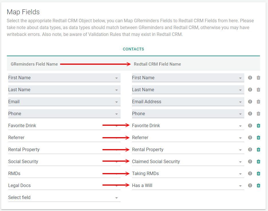Mapp fields from GReminders to Redtail
