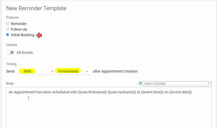 SMS Reminder Templates Initial Booking