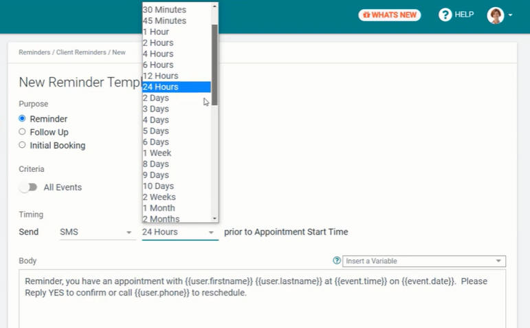 SMS Reminder Templates Time Choices